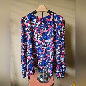 J.Crew Abstract Butterfly Print Boat Neck Long Sleeve Blouse Blue Size L